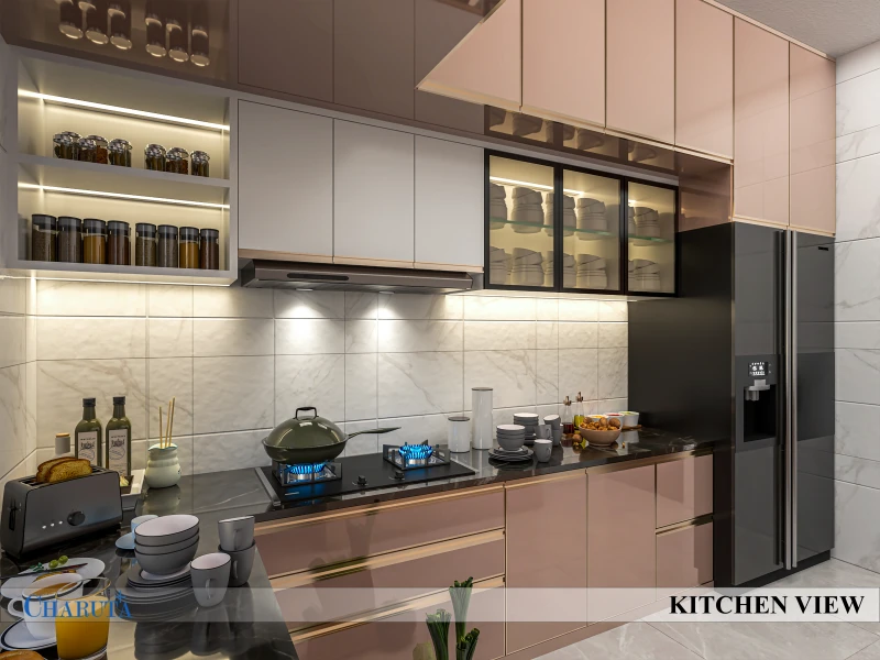 L-shaped modular kitchen design service installation with quartz countertop in Banani Dhaka apartment